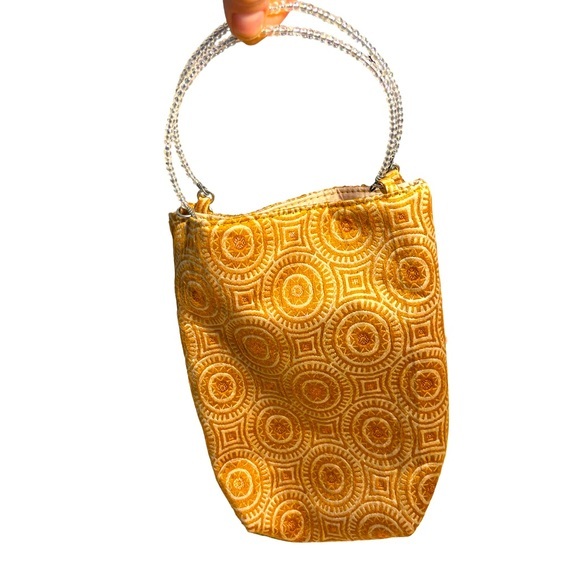 Vintage DAS Mini Handbag Beaded Double Handles Medallion Orange Cream Damask Y2K - Picture 2 of 9